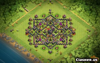 town hall 9, hybrid/farming/trophy/war base layout #485